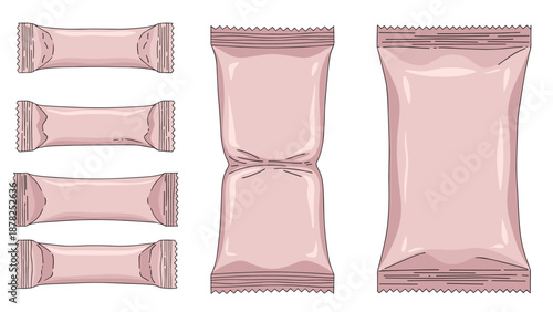 Various sizes of blank pink plastic packaging sachets for food products or snack branding mockups in a retail set.