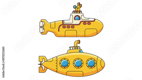 Two different yellow submarine designs with periscopes and portholes for underwater ocean exploration and research.