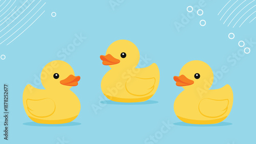 Three cute yellow rubber ducks swimming together on a bright blue water background for a playful childhood theme.