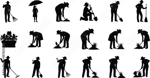 Gardener silhouette collection with farming tools, planting digging raking activities, male female farmer poses, black vector illustration isolated