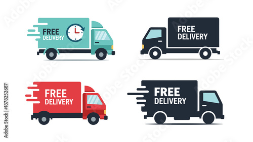 Logistics collection of four different delivery trucks with free delivery labels for shipping and courier services.