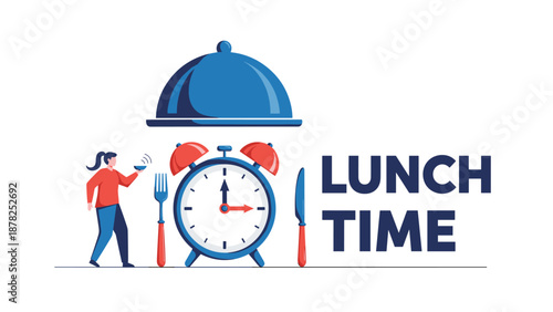Illustration promoting lunch time with a large alarm clock and a woman carrying food near restaurant dining tools.