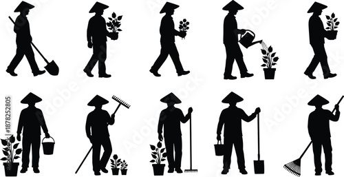 Gardener silhouettes set, man working with plants and garden tools, planting watering farming activities vector illustration isolated on white