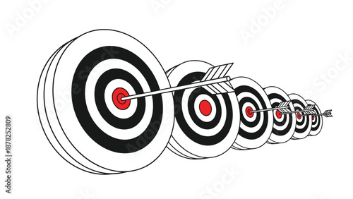 Row of archery targets with arrows hitting the center bullseye symbolizing success, achievement, and business goals.