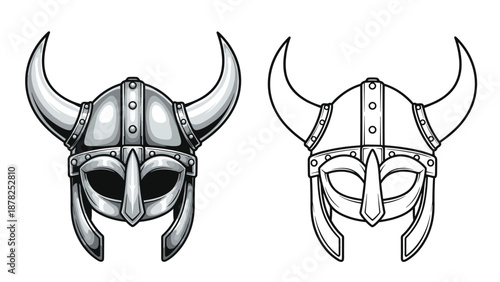 Viking warrior helmet illustrations in detailed grayscale and simple line art styles for gaming and historical design projects.