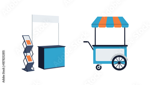 Promotional trade show booth and street food vending cart illustrations on a clean white background for marketing concepts.