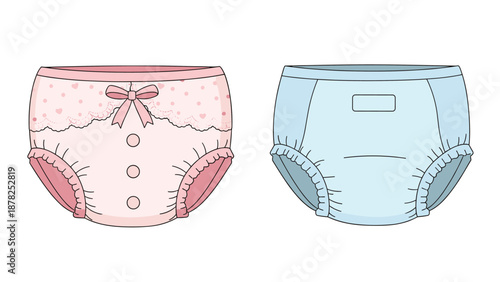 Cute baby diaper illustrations in pink with a bow and light blue for newborn care, nursery themes, and parenting graphics.