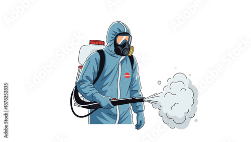 Professional worker in a protective hazmat suit spraying disinfectant to sanitize and decontaminate a space during a pandemic.