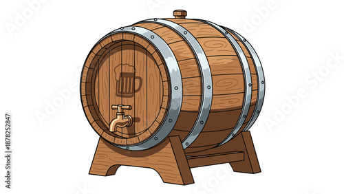 Traditional wooden beer barrel with a metal tap and beer mug icon resting on a stand for brewery and pub branding concepts.
