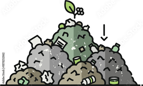 A stylized vector illustration of large trash piles featuring a small green plant sprout at the peak. It represents environmental waste management and the potential for ecological regrowth.