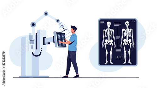 Medical professional operating an advanced X-ray machine next to a display showing human skeletal scans for diagnostic imaging.