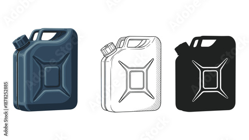 Fuel canister icons presented in realistic shaded, outlined sketch, and solid black silhouette styles for industrial design use.