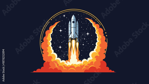 Space rocket launching into the night sky with a massive circular plume of fire and smoke surrounded by stars and constellations.