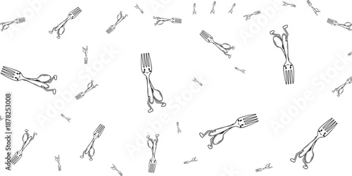 A whimsical pattern of scattered tweezers on a white background, perfect for design projects