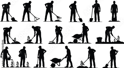 Gardening men silhouettes set, male workers digging planting watering with tools, agriculture and garden labor vector illustration isolated