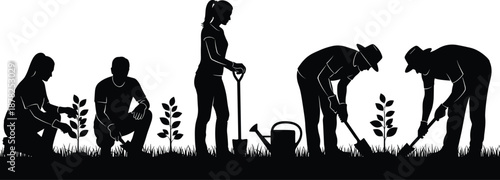 Gardening people silhouette set, planting and watering plants, teamwork in garden, eco lifestyle concept, outdoor farming illustration
