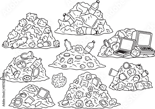 A black and white line art vector featuring various mounds of waste, including plastic bottles, crumpled paper, and electronic junk, illustrating the global challenge of landfill management.