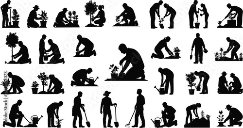 Gardening people silhouettes collection, planting watering digging activities set, gardeners with tools plants trees, black silhouettes isolated white