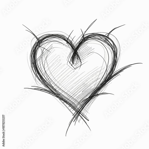 Scribbled Heart Drawing with Thorns, Sketchy Love Symbol on White Background