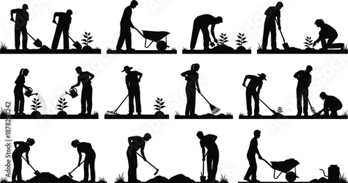 Gardening people silhouettes set, men and women working in garden with tools, planting watering digging vector illustration isolated
