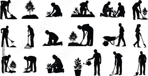 Gardening people silhouettes set, planting watering digging activities with tools, gardeners working outdoor, black agriculture vector collection