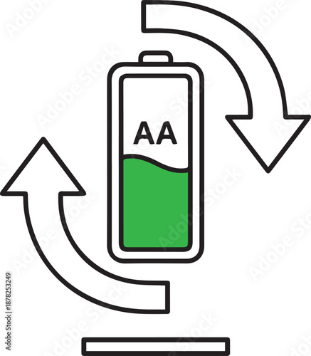 A clean vector icon featuring an AA battery with a green fill level, flanked by two circular recycling arrows. It represents renewable energy, sustainable power, and battery recycling initiatives.