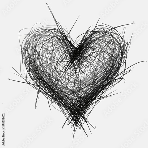 Abstract Scribble Heart Icon, Love Symbol, Black and White Artistic Illustration