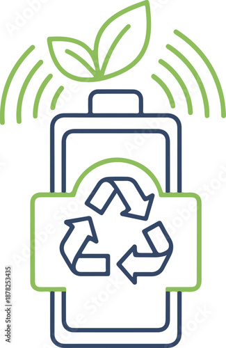 A vertical line art vector of a battery featuring a green recycling symbol and two leaves at the top. This design represents sustainable energy, eco-friendly power, and green technology solutions.