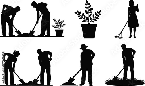 Gardening work silhouettes set, people digging raking planting with tools, outdoor garden activity illustration isolated on white