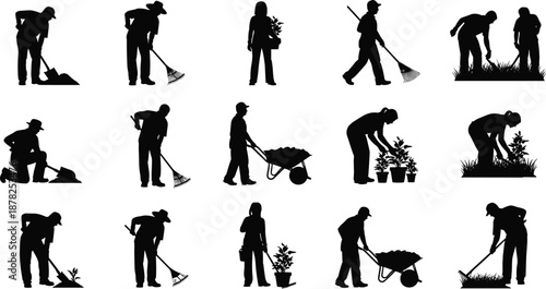 Gardening worker silhouettes collection, people planting, digging, raking soil, garden maintenance activities, landscaping concept, black figures isolated white background