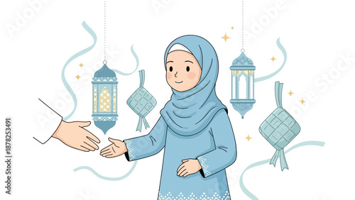 Friendly lady in hijab exchanging greeting with hand extending in festive