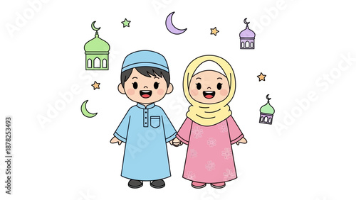 Adorable Muslim children holding hands wearing traditional attire under a