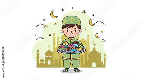 Child Wearing Traditional Clothes Celebrating Ramadan Night with Delicious Food
