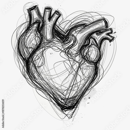 Anatomical Heart Sketch - Black and White Scribble Drawing