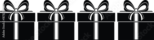 Gift box silhouettes set, wrapped present with ribbon bow, birthday celebration symbols, holiday packaging icons, black vector illustration