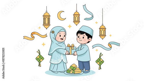 Joyous celebration of Eid with children exchanging gifts under festive decor