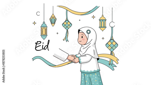 Celebrating Eid with a young girl reading Quran amidst festive lanterns and