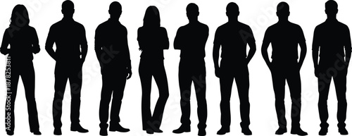 Group of diverse people silhouettes standing together, anonymous men and women, teamwork concept, social unity, human diversity, isolated black figures