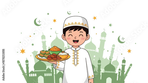 Joyful young boy wearing traditional Islamic attire holding a tray of festive