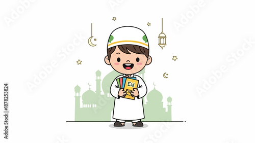 Cute cartoon boy wearing a traditional Islamic outfit holding a book with a