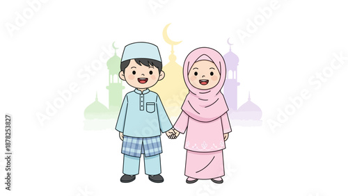 Cute cartoon Muslim brother and sister holding hands with mosque backdrop