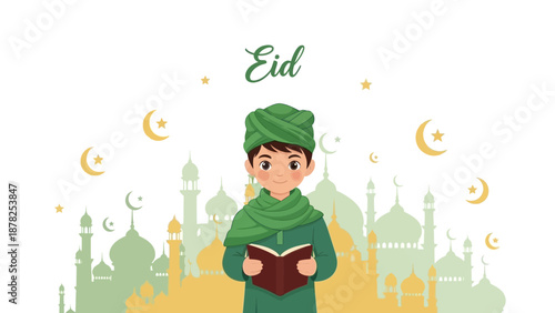 Celebrating Eid with a young boy reading Quran in front of mosque silhouette