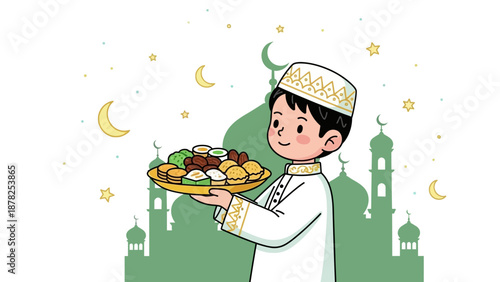 Adorable child in traditional Islamic attire holding a fragrant tray of sweets