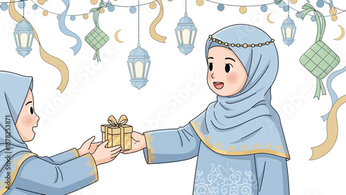 Girl in hijab receiving gift during festive celebration with lanterns and