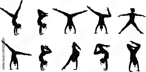Gymnastics and yoga silhouettes set, female athlete performing handstand balance poses, fitness flexibility training illustration isolated on white