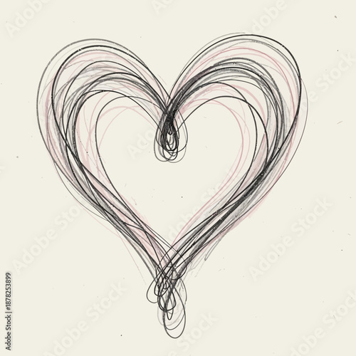 Hand-drawn heart sketch, graphite lines, abstract love symbol on beige background