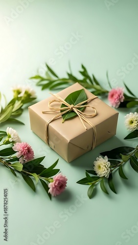 Gift wrapped in brown paper with flowers and leaves