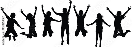 Happy children jumping silhouettes, kids celebrating joy together, playful childhood energy, black vector people isolated on white