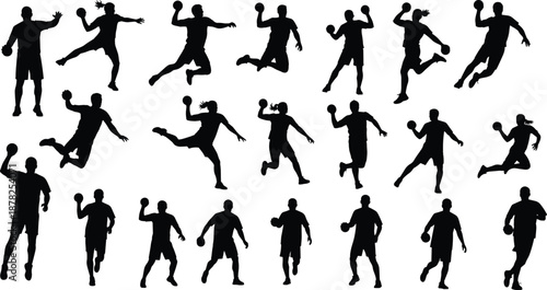 Handball player silhouettes in dynamic action poses, throwing and jumping athletes, professional sports movement set, competitive game scenes, isolated black illustration