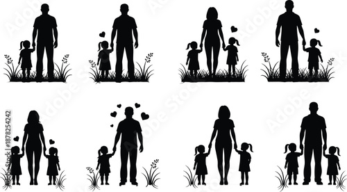 Happy family silhouettes, parents with children holding hands, love and care concept, father mother daughter illustration set
